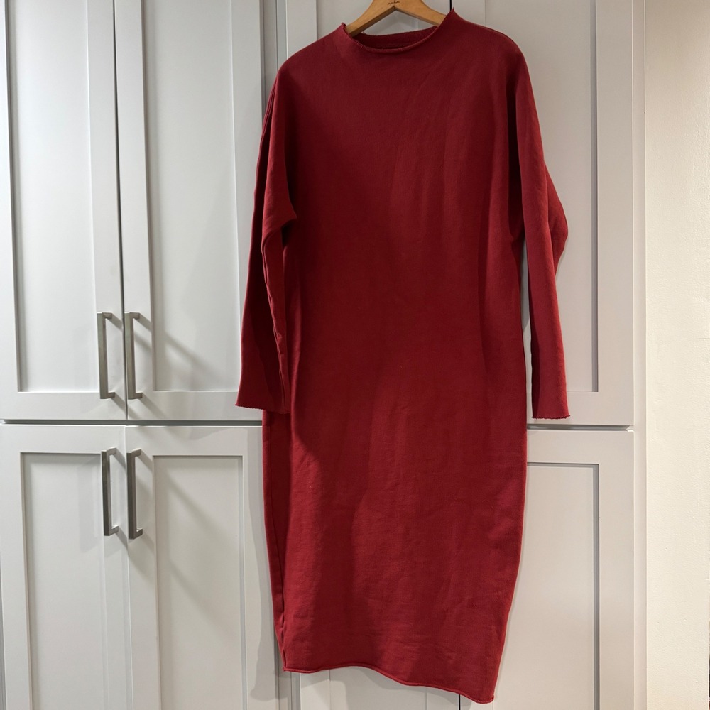Frank & Eileen Isabelle Funnel Neck Dress Cranberry Red Fleece Midi Medium - Picture 2 of 7